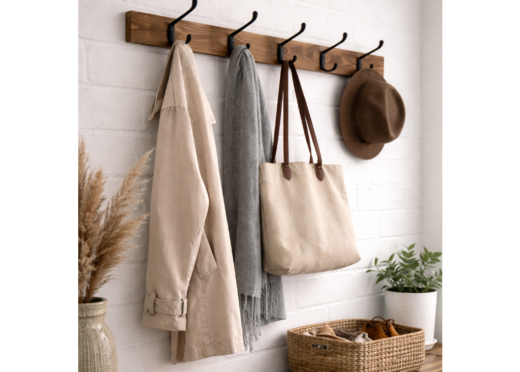 Wooden wall hooks with clothing, bags, and a hat on a white brick wall.