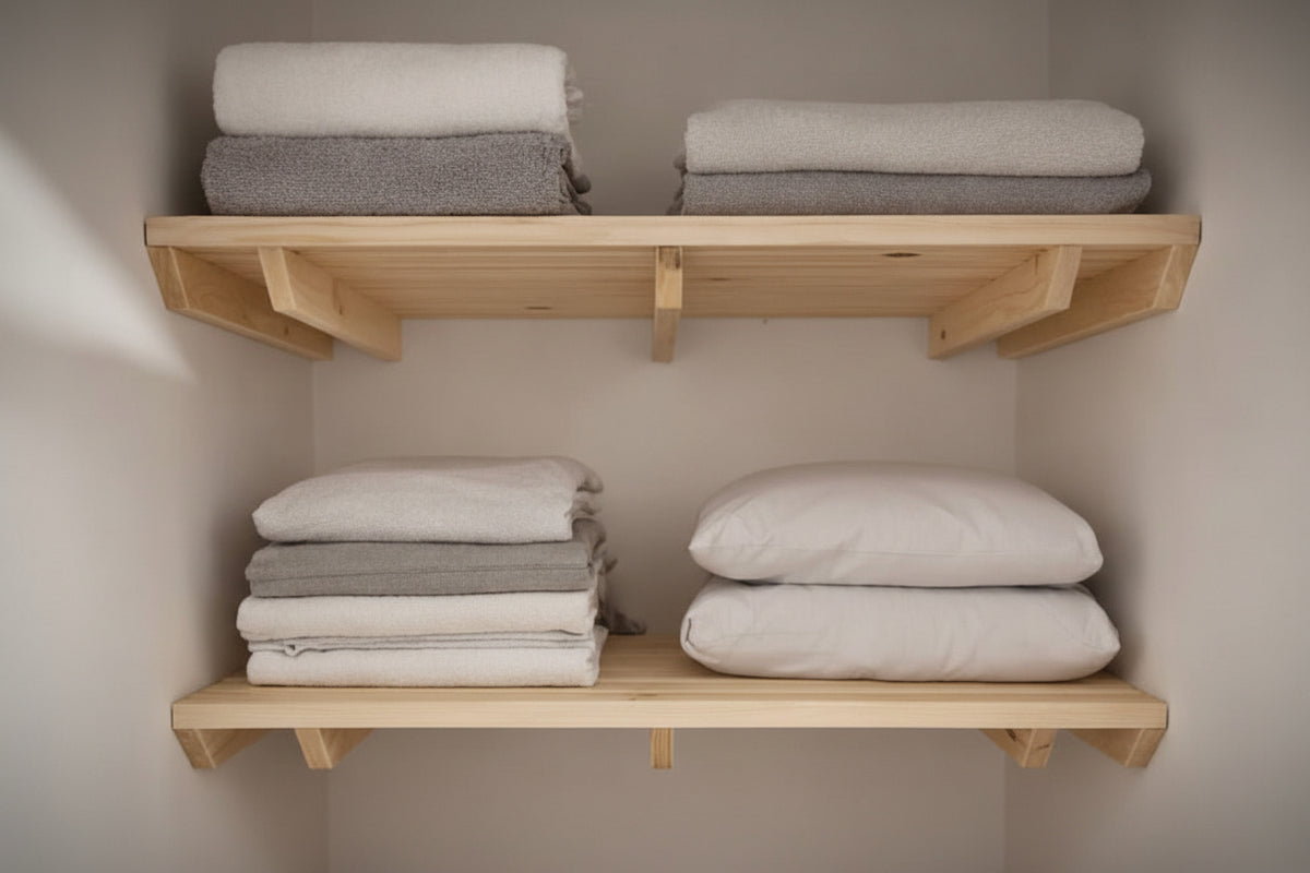 Closet with wooden shelves holding folded clothes against a neutral wall.