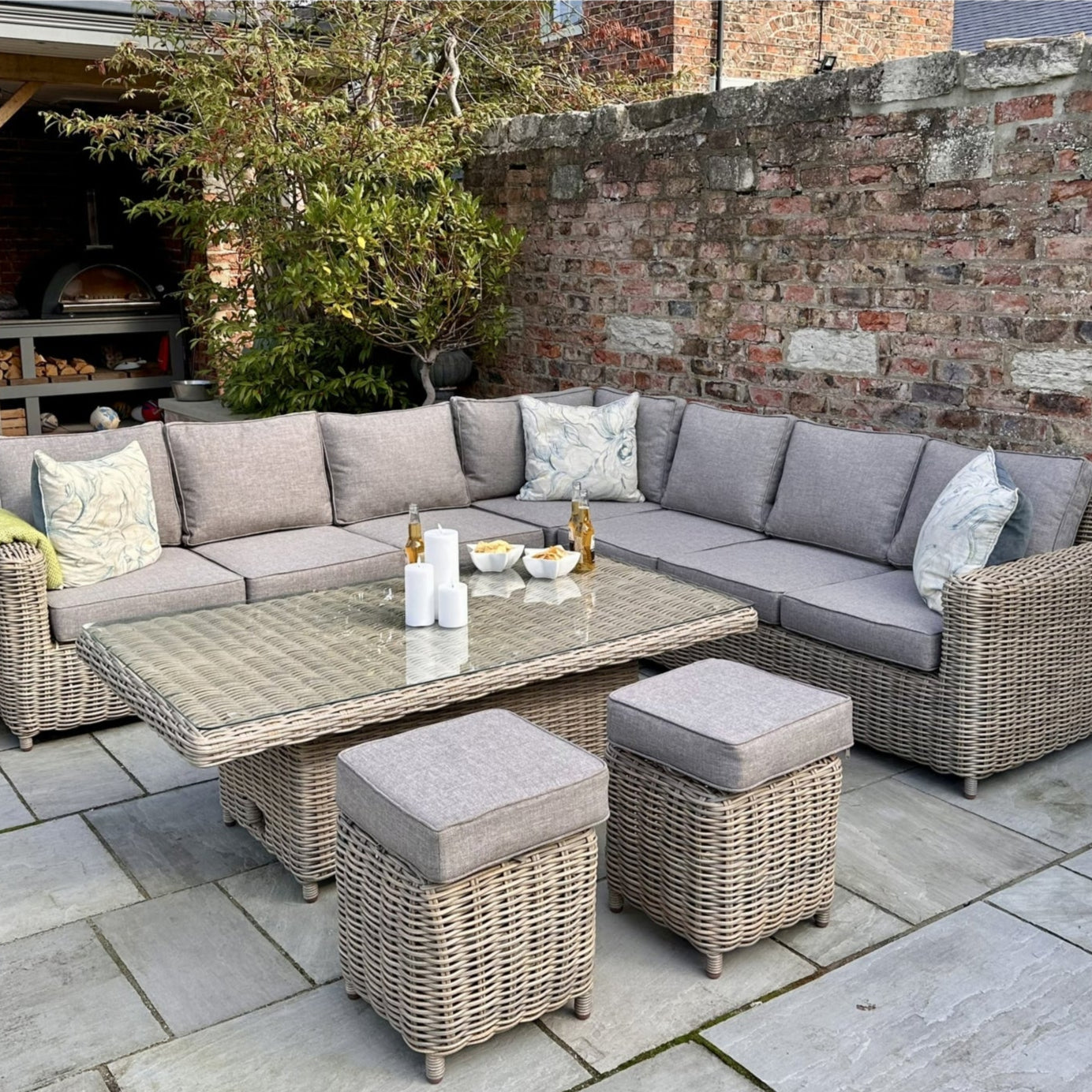 Amalfi Outdoor Corner Set with Riser Table & Stools | Adjustable-Height Garden Dining & Lounge Set