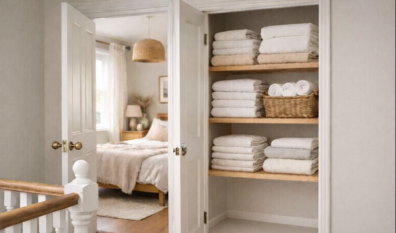 Closet with shelves filled with folded towels in a bedroom setting