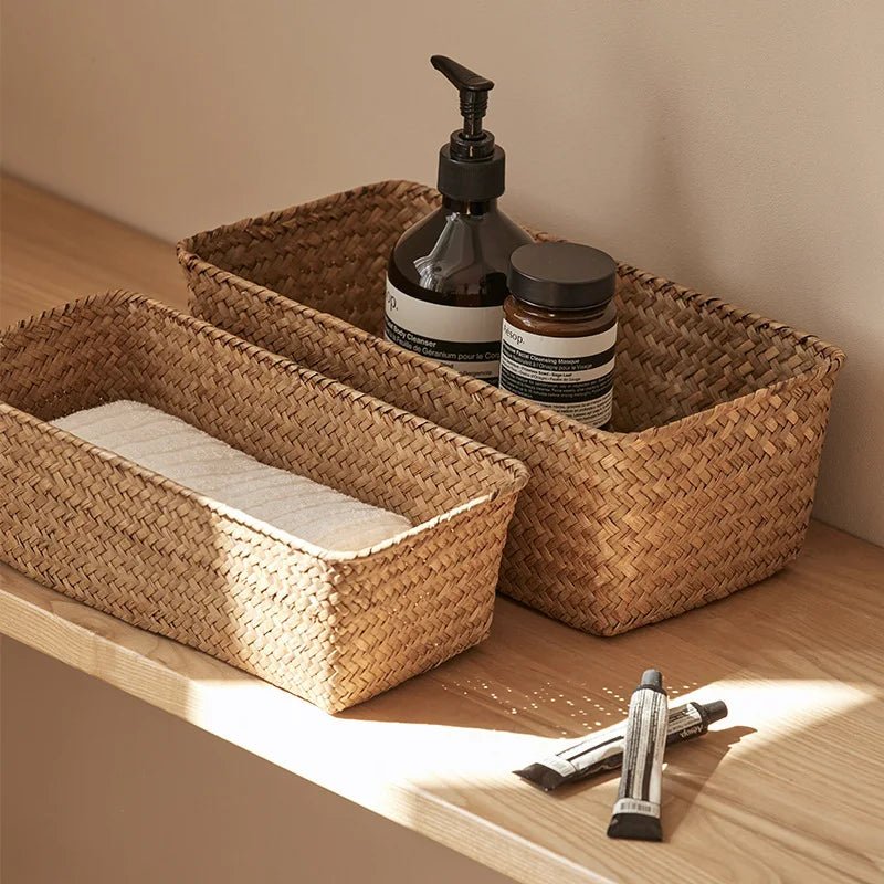 Grass Woven Rectangular Storage Basket | Home Storage Basket Box | Storage Container Sundries Kitchen Drawer Organiser - Apex Bespoke Carpentry