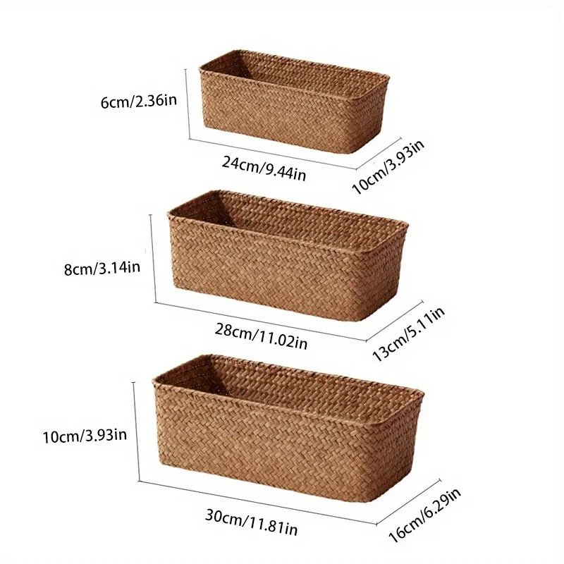 Grass Woven Rectangular Storage Basket | Home Storage Basket Box | Storage Container Sundries Kitchen Drawer Organiser - Apex Bespoke Carpentry