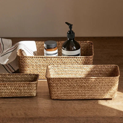 Grass Woven Rectangular Storage Basket | Home Storage Basket Box | Storage Container Sundries Kitchen Drawer Organiser - Apex Bespoke Carpentry