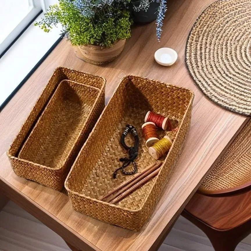 Grass Woven Rectangular Storage Basket | Home Storage Basket Box | Storage Container Sundries Kitchen Drawer Organiser - Apex Bespoke Carpentry