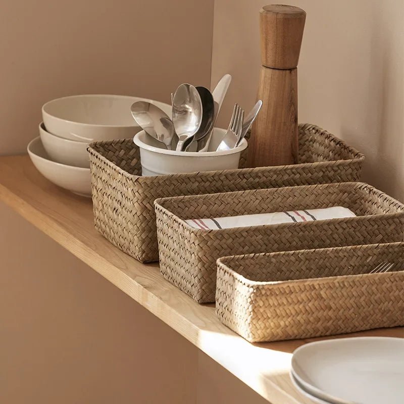 Grass Woven Rectangular Storage Basket | Home Storage Basket Box | Storage Container Sundries Kitchen Drawer Organiser - Apex Bespoke Carpentry