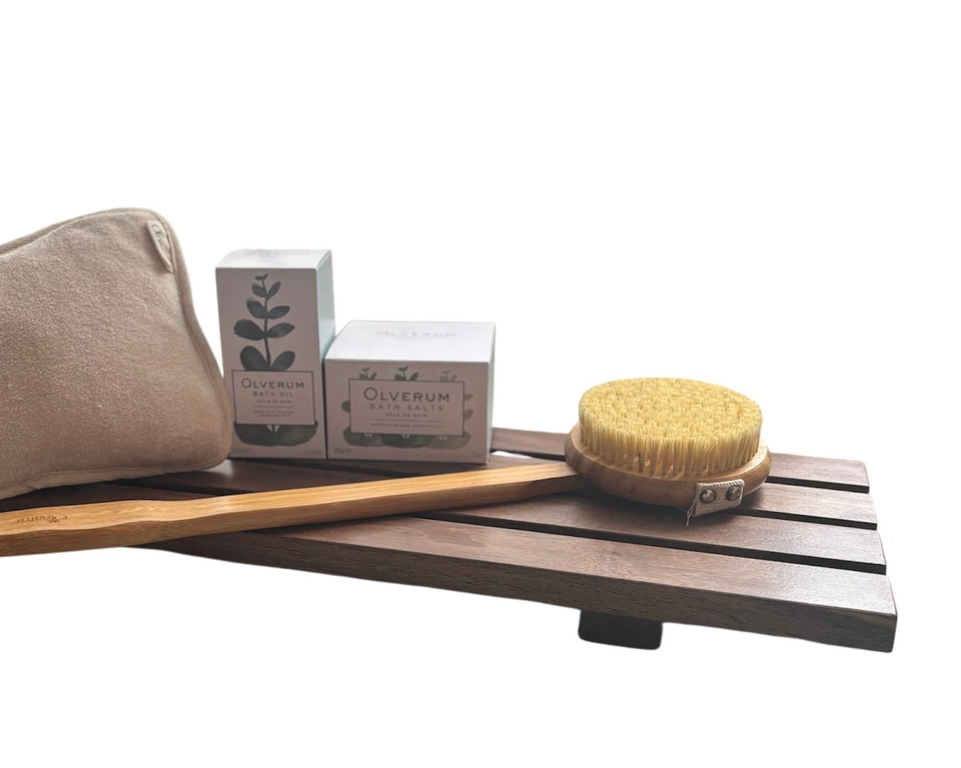 Luxury Walnut Bath Tray Bundle | Includes Bath Pillow, Dry Brush, Olverum Bath Oil & Salts - Apex Bespoke Carpentry