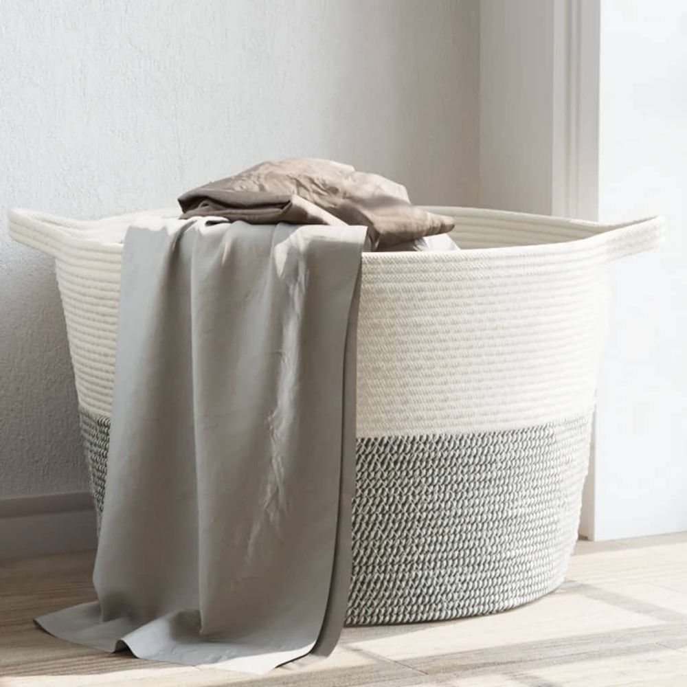 Laundry Basket Grey and White Cotton 60x36cm