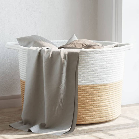 Laundry Basket Beige and White Cotton 55x36cm