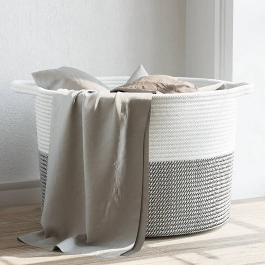 Laundry Basket Grey and White Cotton 55x36cm